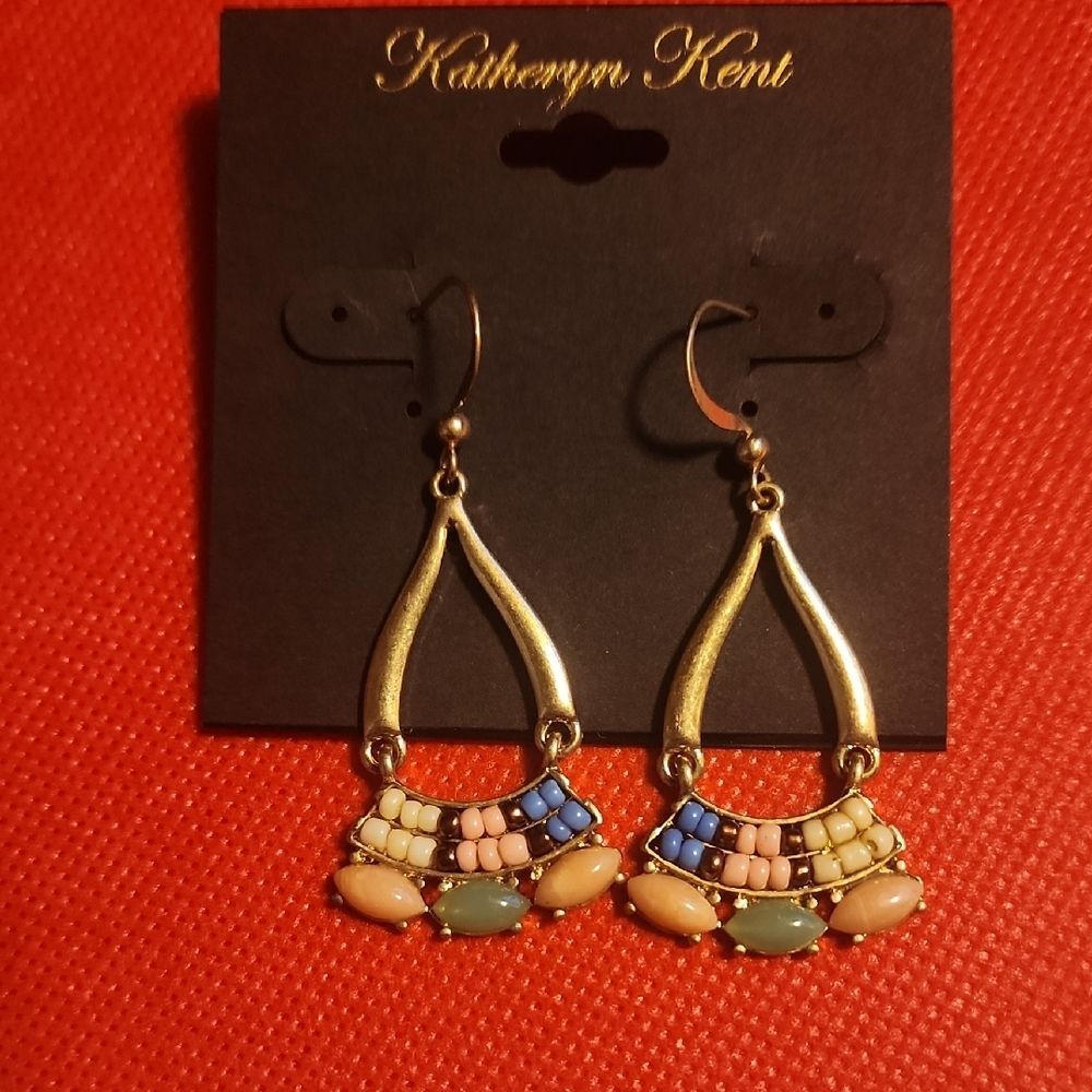Gold and Multicolor Beaded Earrings - Picture 1 of 4